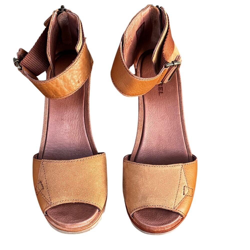 Sorel Joanie Wedge Sandals Tan Camel Leather Suede Size 8.5